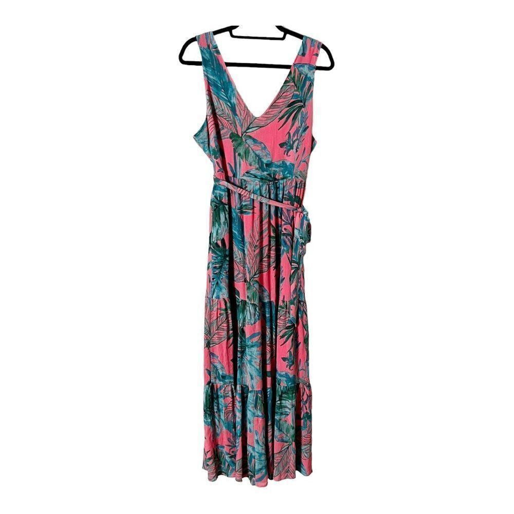 Nicole Miller Pink Tropical Maxi Dress with Teal Leaf Print